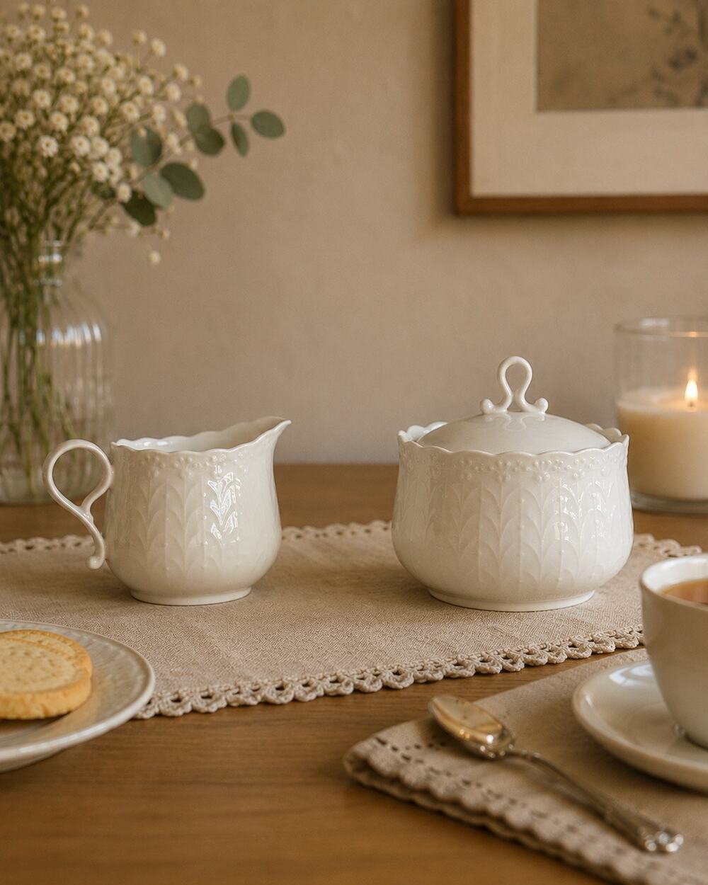 Vintage Narumi Silky White Bone China Sugar Bowl Creamer Set - Embossed Floral